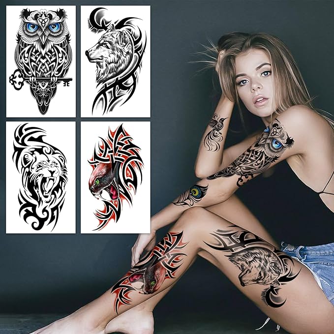 77 Sheets Tribal Temporary Tattoos for Men, 17 Sheets Half Arm Western Tribal Wolf Lion Owl Skull Fake Tattoos for Adults Women, 60 Black Tiny Tattoos Sticker for Halloween Party Supplies