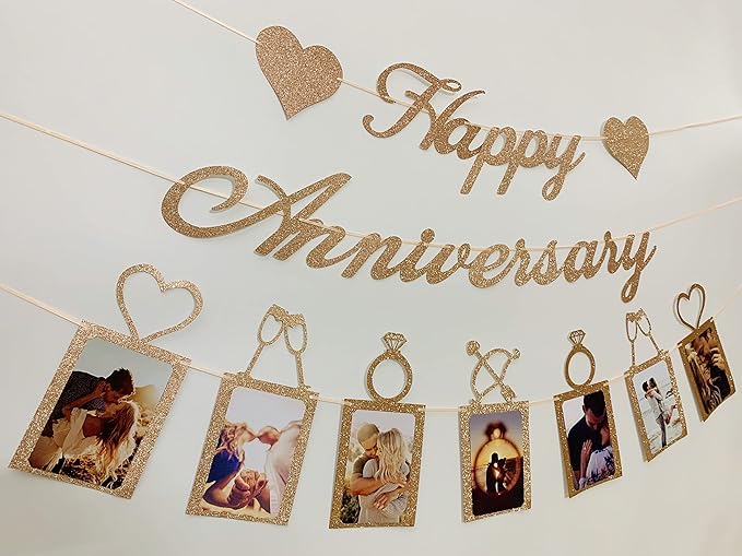 Rose Gold Happy Anniversary Party Decorations - Banner and Photo Banner for Wedding Party Decor