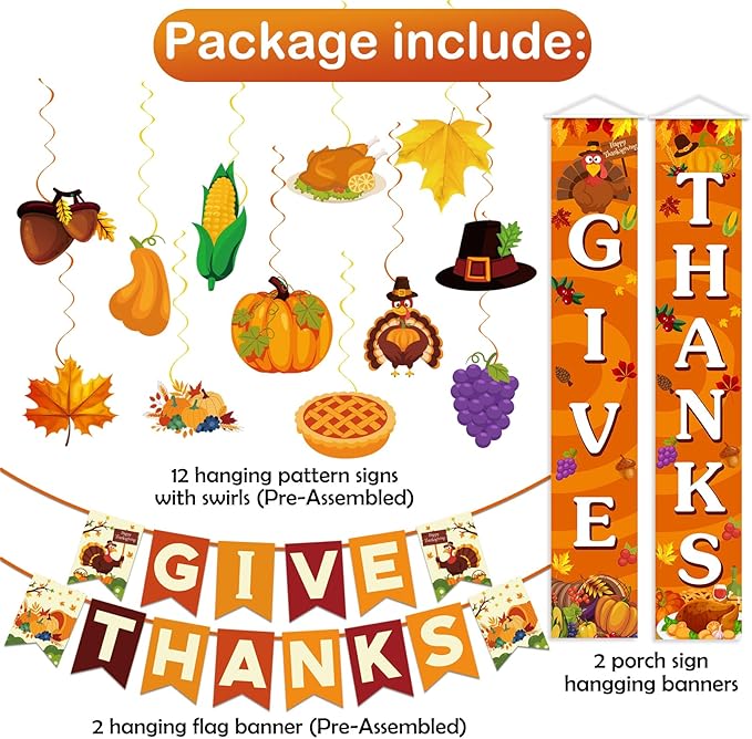 Thanksgiving Decorations Pre-Assembled GIVE THANKS Banner Hanging Swirls Porch Door Sign for Fall friendsgiving Party Home Office Classroom School Indoor outdoor Decor