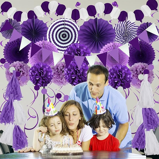 ZERODECO Party Decorations, 41 Pcs Purple Papar Fans Pompoms Garlands String Tissue Paper Tassel for Fiesta Home Bridal Baby Shower Wedding Boy Girl Birthday Party