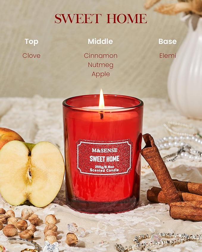 M&SENSE Cinnamon Apple Scented Candles, Christmas Candle 8.8 oz Glitter Jar Candles, Holiday Candles Gifts for Women, Strong Scented Natural Soy Candle for Winter Home Decor, 50 Hours Long Burning