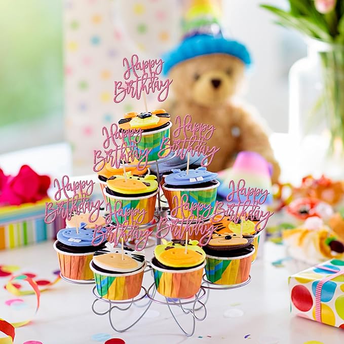 24 PCS Glitter Cupcake Toppers - Happy Birthday & Anniversary Picks - Pink