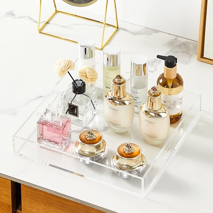 Clear Sturdy Acrylic Serving Tray with Handles 12x12x2H Inches -Spill Proof- Decorative Trays Countertop Organizer for Ottoman Coffee Table Nightstand, sidetable, Breakfast, Tea, Food