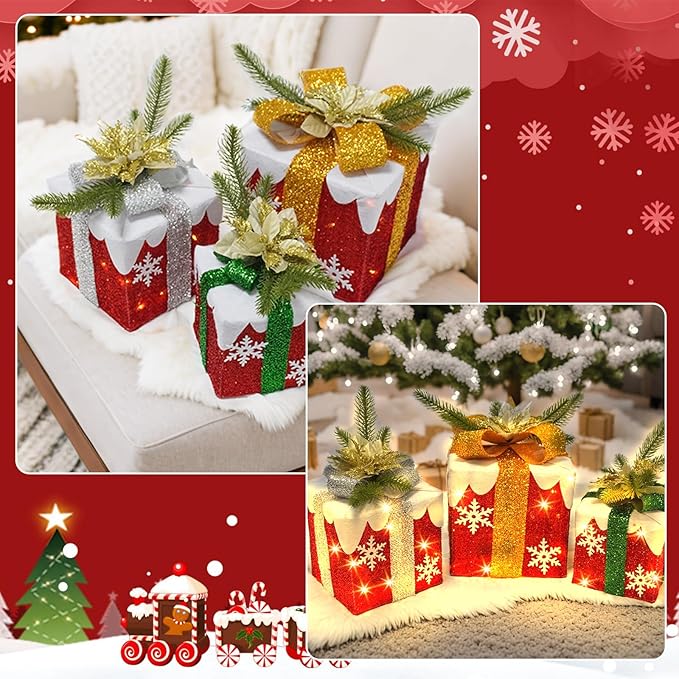 3 Pcs Christmas Lighted Gift Boxes with Bow 60 LED Battery Operated Pre-lit Present Box Decorations for Xmas Holiday Home Outdoor Yard