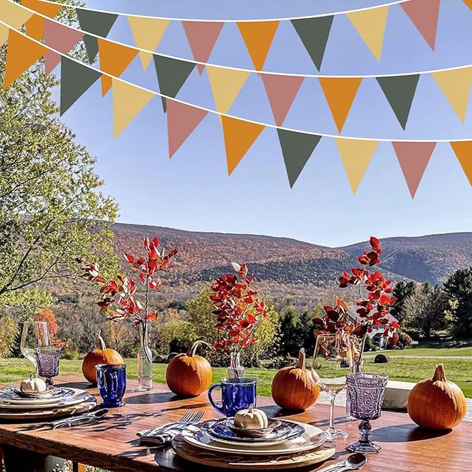 32Ft Fall Party Decorations Retro Colored Fabric Triangle Banner Flag Pennant Bunting Garland Streamers for Fall Birthday Baby Shower Autumn Thanksgiving Day Outdoor Garden Party Decor
