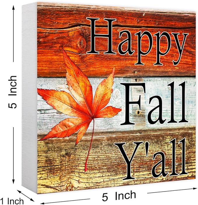 Funny Autumn Maple Leaves Wood Box Sign Happy Fall Y'all Wooden Block Desk Decor for Home Office Kitchen Cubicle Table Shelf Tabletop,Farmhouse Fall Sign Decor