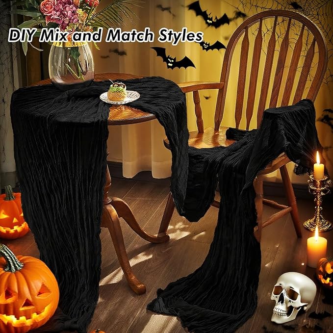 IVAPUPU 10 Pcs Cheesecloth Halloween Table Runner - 10ft Black Boho Gauze Black Cheese Cloth Table Runners for Halloween Decor Indoor Baby Shower Decoration Wedding Party Summer Garden Farmhouse