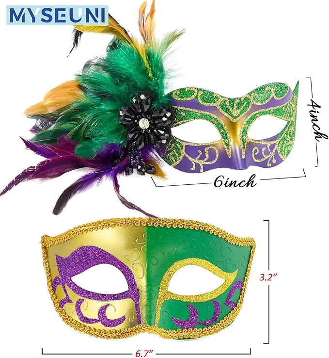 2025 New Masquerade Mask with Feather for Couples - Women's Masquerade Mask with Feather & Men Venetian Costume Mask