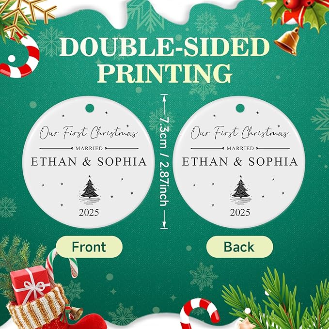 Personalized First Christmas Married Ornament 2025, Custom Engaged Christmas Ornaments with Names, Customized Wedding Engagement Gifts for Newlywed Couples Him Her