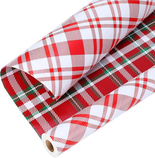 LaRibbons Reversible Christmas Wrapping Paper Roll, Classic Red & White Tartan Plaid Gift Wrap for Christmas, Holiday, Winter Party, 17 Inch x 33 Feet