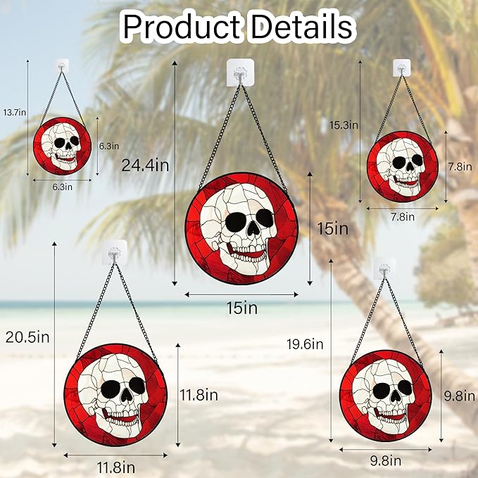 Stained Glass Window Hanging - Halloween Decoration White Skeleton Skull Suncatcher for Door Garden Spooky Red Sun Catchers Gothic Decor Horror Gifts for Women Men Friend Boy Girl 7.8 in