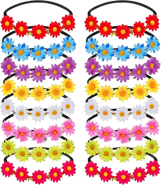 Flower Crowns For Women,16 Pieces Multicolor Daisy Flower Headband Hippie Headbands For Women Girls With Adjustable Elastic Ribbon Floral Garland Headbands For Festival Wedding Party