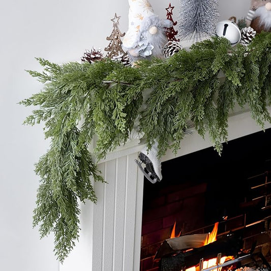 9FT Christmas Garland, Artificial Pine Needle Cypress Garlands, Realistic Pine Cypress for Decoration Christmas Table Mantle Wall Room Outdoor Indoor Holiday Winter Decor
