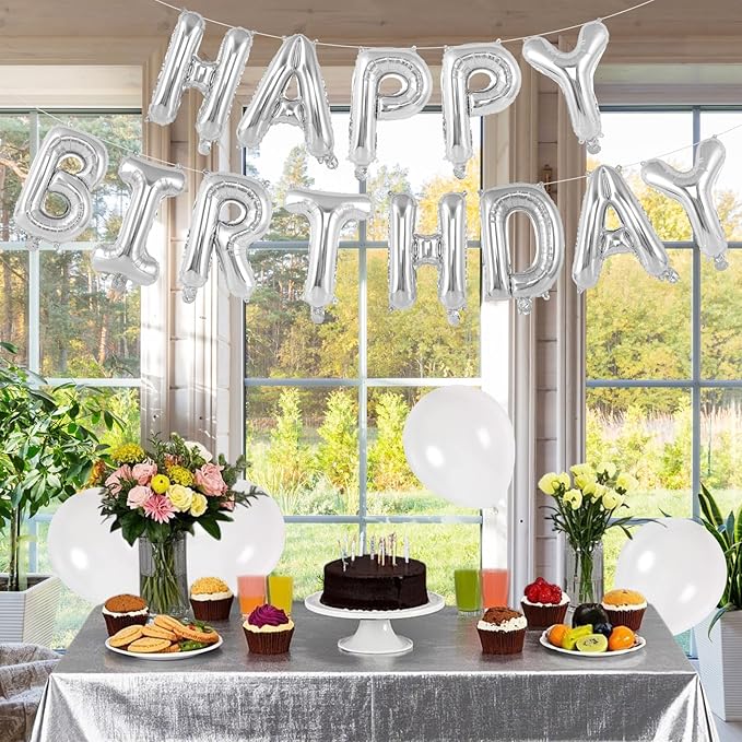 65 Pcs Silver Happy Birthday Balloons and 2 Sets A-Z Letters Foil Balloons, 16 Inch Personalized Name Happy Birthday Banners for Wedding Baby Shower Anniversary Party Decorations (Silver)