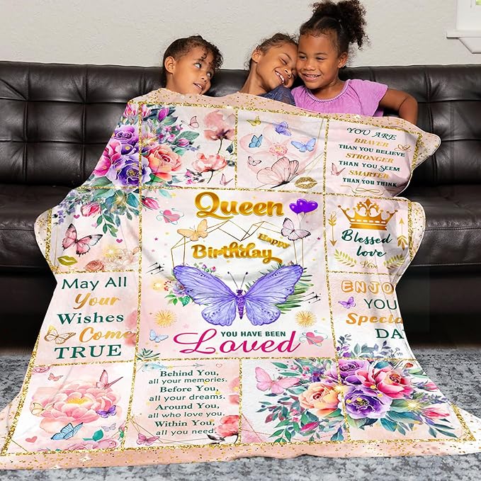 Happy Birthday Gifts for Women, Super Soft Funny Purple Butterfly Flower Bday Decorations Blanket 50"x40" for Women Mom, Birthday Gifts for Girls, Warm Plush Fleece Flannel Blanket for Couch Bedding