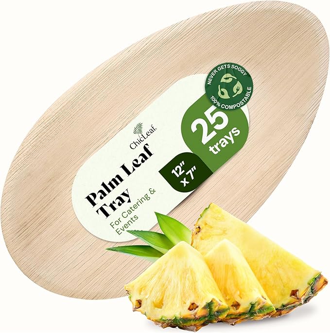 Chic Leaf All Natural Compostable & Disposable Rectangular 12" x 7" Palm Leaf Trays for Events, Parties, Charcuterie, Catering & Weddings - Disposable Plates Party Supplies (25 pc)