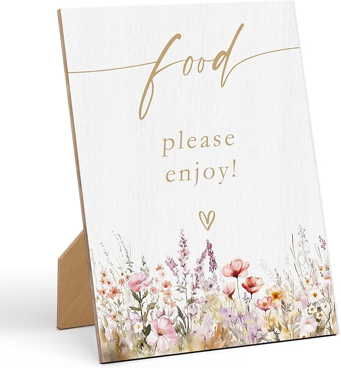 Floral Wedding Food Sign, Wedding Reception Table Decorations, Reception Table Wooden Sign with Back Stand for Bridal Shower Parties, Engagement Night Accessories, Anniversary Party, 7