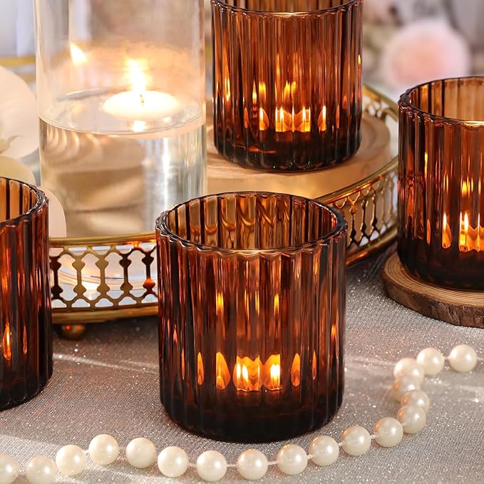 Amber Large Votive Candle Holder Set of 8, Tea Lights Candle Holders for Wedding Table Centerpieces, Boho Decor, Home Dinner Birthday Party Decor, Bridal Shower and Holiday Decorations