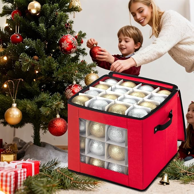 inin Christmas Ornament Storage Box with Adjustable Dividers,Christmas Ornaments Organizer with Zippered Top,Storage Container Bin for Holiday Decorations(64 Ball, Red, Without Tray)
