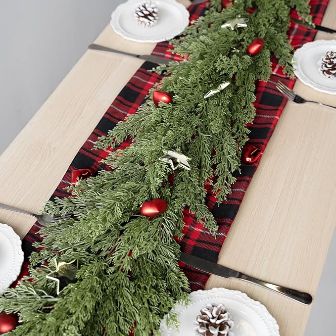 9FT Christmas Garland, Artificial Pine Needle Cypress Garlands, Realistic Pine Cypress for Decoration Christmas Table Mantle Wall Room Outdoor Indoor Holiday Winter Decor