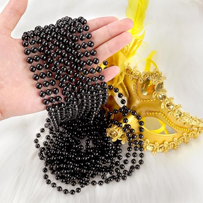100 PCS Black Bead Necklaces, Black Mardi Gras Beads, New Year Eve Necklaces, 33 Inch Round Halloween Beaded Necklaces, Party Beads for Mardi Gras, Christmas, Halloween, New Year Party Favors