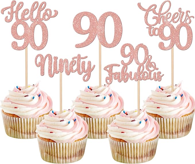 30PCS Happy 90th Birthday Cupcake Toppers Glitter Ninety Cheers to 90 Years Old Birthday Cupcake Picks Hello 90 Fabulous Cake Decorations for Happy 90th Birthday Anniversary Party Supplies Rose Gold