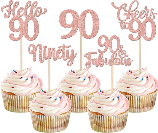 30PCS Happy 90th Birthday Cupcake Toppers Glitter Ninety Cheers to 90 Years Old Birthday Cupcake Picks Hello 90 Fabulous Cake Decorations for Happy 90th Birthday Anniversary Party Supplies Rose Gold