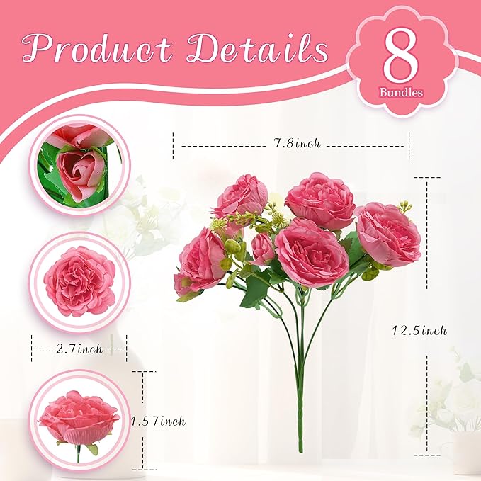 8 Packs Artificial Peonies Silk Flowers: Faux Peony Bouquet 8 Bundles, Fake Peonies Flowers Bulk for Centerpiece Table Wedding Party Home Decor for Vase Decoration (Rose Red)