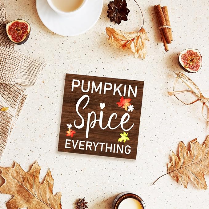 Funny Autumn Wood Box Sign Pumpkin Spice Everything Wooden Block Desk Decor for Home Office Kitchen Cubicle Table Shelf Tabletop,Farmhouse Fall Sign Decor