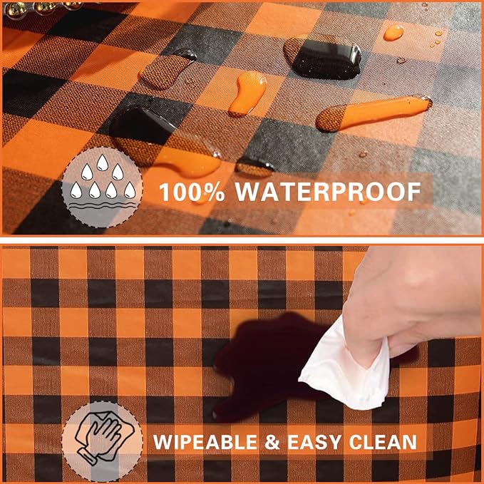 Checkered Vinyl Thanksgiving Tablecloth Rectangle 60x84 Inch with Flannel Backing Stain & Waterproof Plaid Table Cloths, Heavy Duty Plastic Table Cover for Fall Halloween, Harvest, Orange and Black