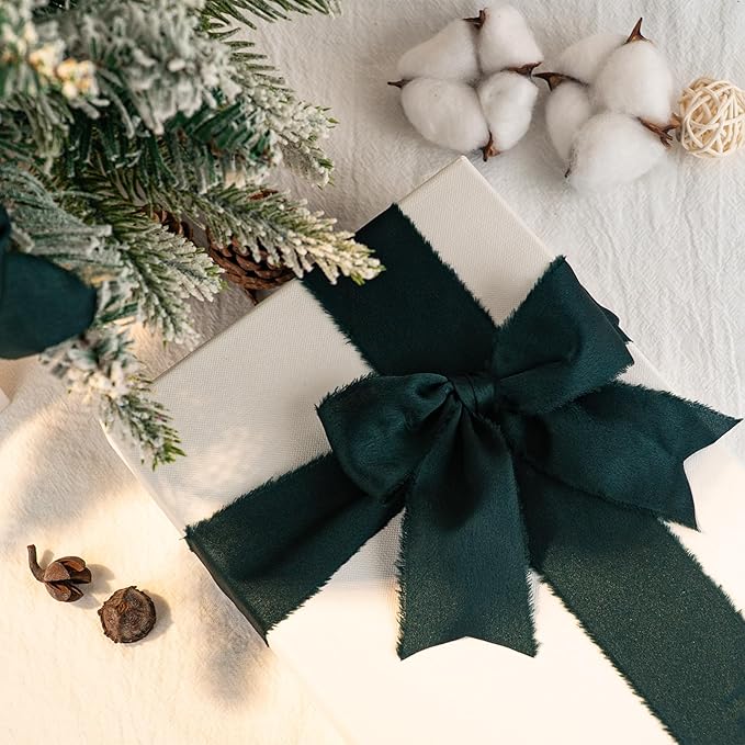 Satin Silk Ribbon, Green Christmas Ribbon for Wrapping, 1-1/2 inch x 15 Yd Handmade Frayed Fringe Ribbons, for Christmas Tree Holiday Birthday Valentine's Day New Years Crafts Bouquet, 3 Rolls