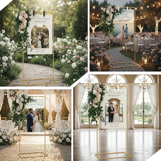 Adjustable Wedding Sign Stand, Wedding Welcome Sign Holder with Leather Sign Hanging Straps, Easel Stand for Sign Display Reception, Party Decor, Portable Sign Holder for Wedding & Baby Showers (Gold)