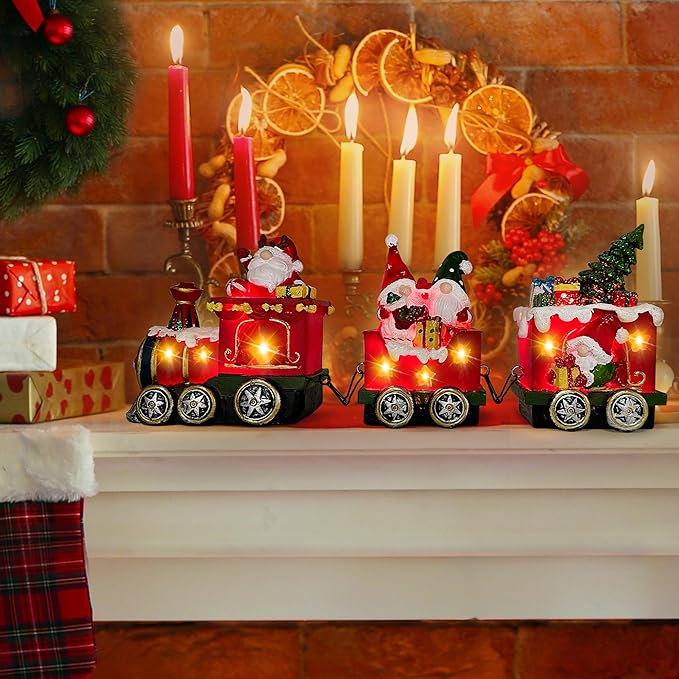 Hexagram Christmas Gnomes Decorations Centerpieces for Tables - Lighted Gnome Christmas Decorations Indoor Snowman Tabletop Decor, Xmas Table Centerpieces for Home - Light Up Train Figurines Table Top