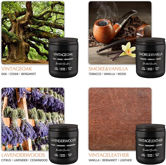 Scented Candles Gift Set - 4 Pack (7oz Each) Soy Wax Aromatherapy Candles with Essential Oils, Smokeless - Leather & Smoke, Vanilla Oakmoss, Lavender - Relaxing Fragrance for Home, Office, Yoga