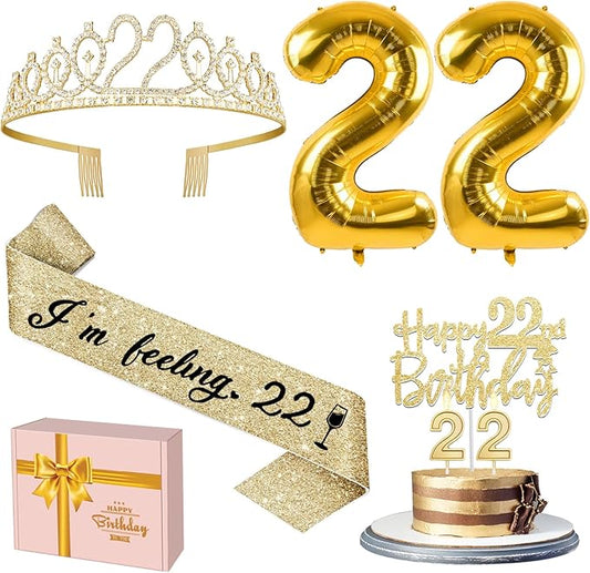 22 Birthday Decorations for Women with 22nd Birthday Sash and Crown, Cake Topper and Candles, Number Balloons, 22 Year Old Gifts for Girls