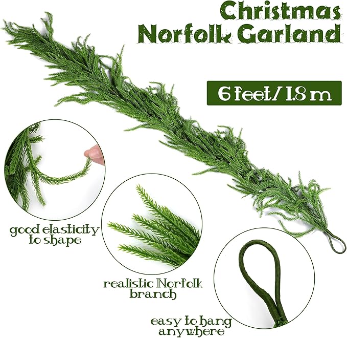Fovths 1 Pack 6 Feet Christmas Norfolk Garlands Set Green Artificial Winter Pine Garlands Light String Faux Greenery Garland Pine Garland for Xmas Holiday Home Indoor Decor, Green