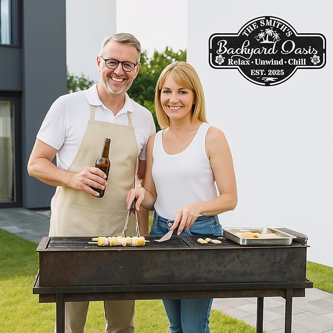 Custom BBQ Grill Metal Sign Personalized Name Wall Art for Outdoor Barbecue Patio Kitchen Backyard Decor Gift for Dad Husband Men Papa Grandpa Father Grilling Enthusiasts Family Lover Funny Gifts 11