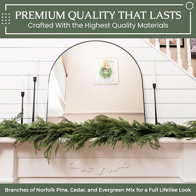Mixed Norfolk Pine Garland with Evergreen, and Cedar Garland Artificial Realistic Greenery Branches for Decoration, Christmas Garland for Mantle, Premium Real Touch (6 Foot)