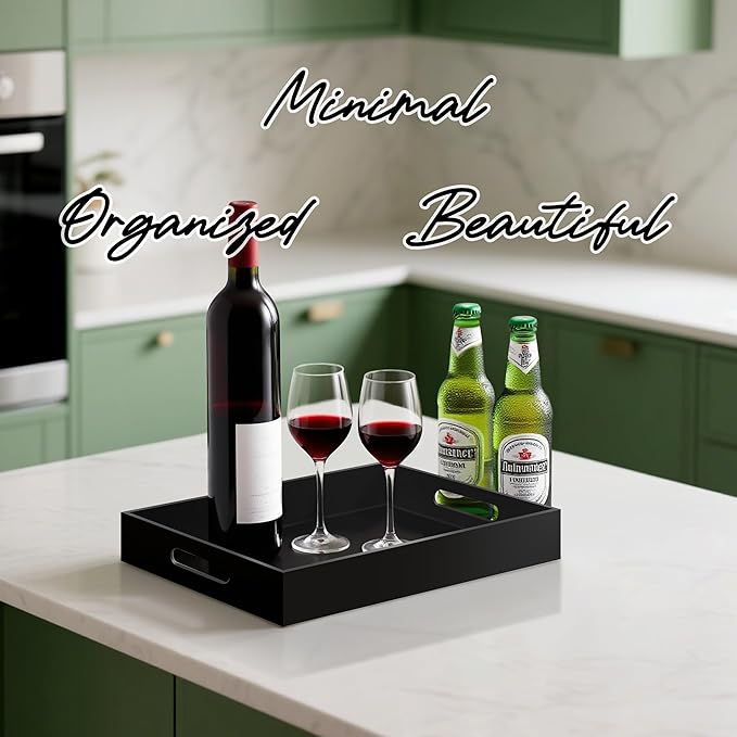 Glossy Black Acrylic Serving Tray with Handles-Butler Trays for Coffee Table, Snacks,Breakfast in Bed, Kitchen Countertop,Vanity,Makeup Organizer,Ottoman (Black, 10x15 Inches)