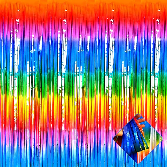 4 Pack Macaron Colorful Foil Fringe Curtain Backdrop, 3.2Ft x 9.8Ft Metallic Tinsel Foil Fringe Streamers Curtains for Party, Photo Booth Prop, Birthday, Wedding, Christmas Party Decoration Supplies