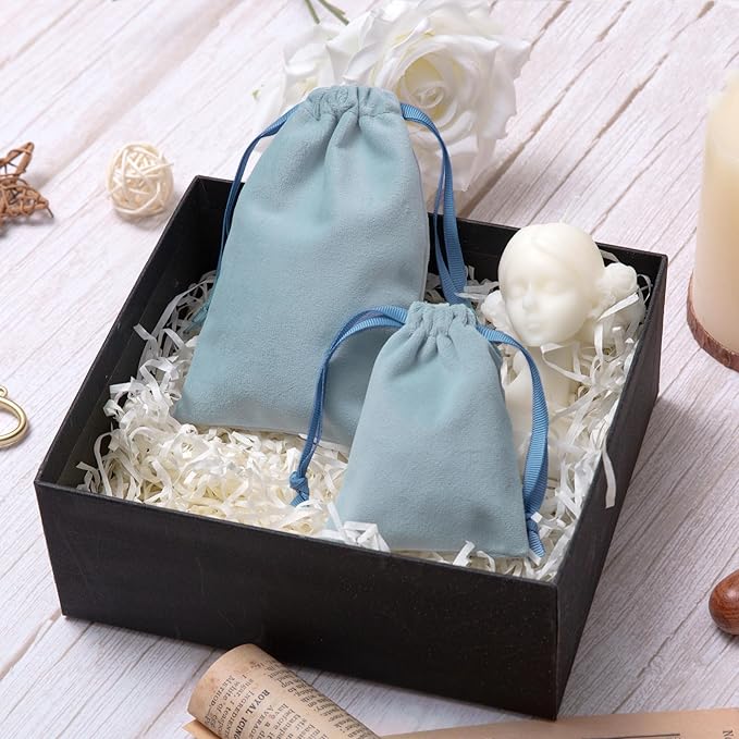 QIANF 12pcs Dusty Blue Velvet Drawstring Bags 3x4 inches Small Velvet Cloth Gift Bags Jewelry Pouches for Storage Wedding Party Favor Christmas