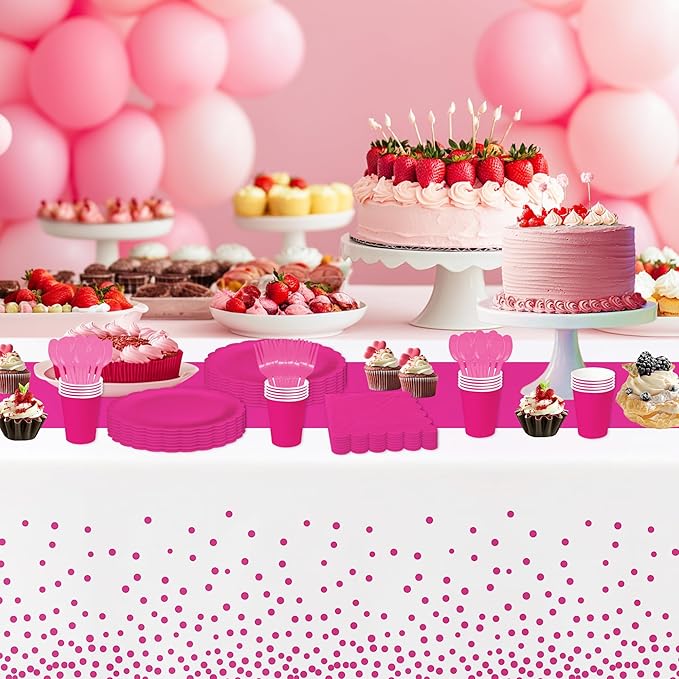 Hot Pink Party Decorations Supplies Tableware, Hot Pink Paper Plates And Napkins, Tablecloth Printed Table Runner, Cutlery, for Birthday Baby Bridal Shower Wedding Anniversary, Serves 24