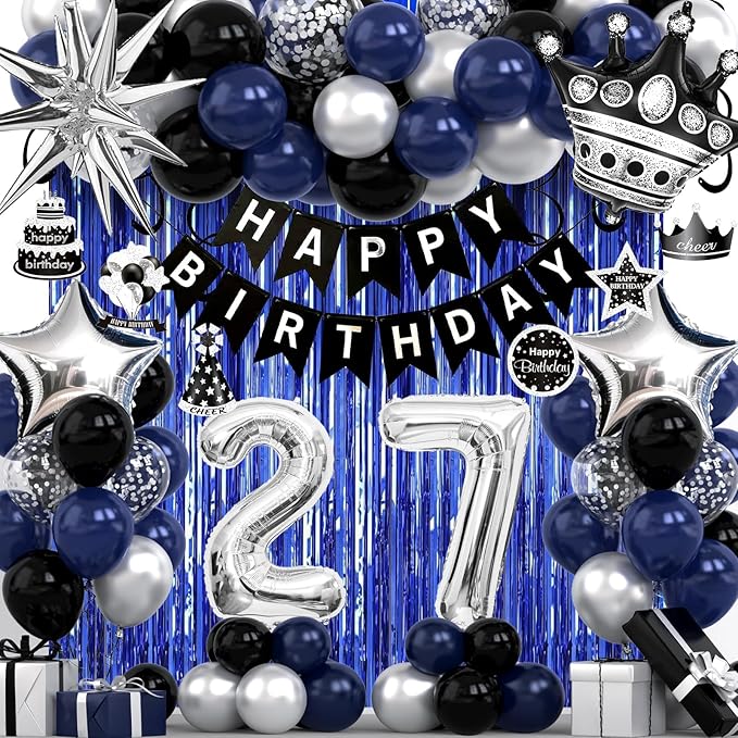 27th Birthday Decorations for Men and Women, Black Blue Silver Happy Birthday Number 27 Balloons, Banner, Fringe Curtains Garland Kit - 27 Year Old Party Supplies