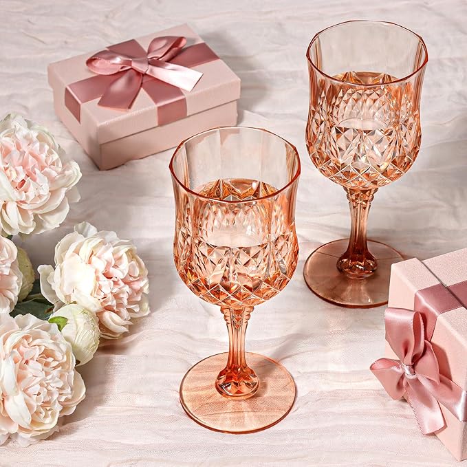 XUWAIDSGN 16 Pcs 7oz Plastic Vintage Wine Glasses Drinking Glasses Unbreakable Wedding Glassware Crystal Water Goblets Reusable Drinkware Vintage Champagne Flutes (16, Pink)
