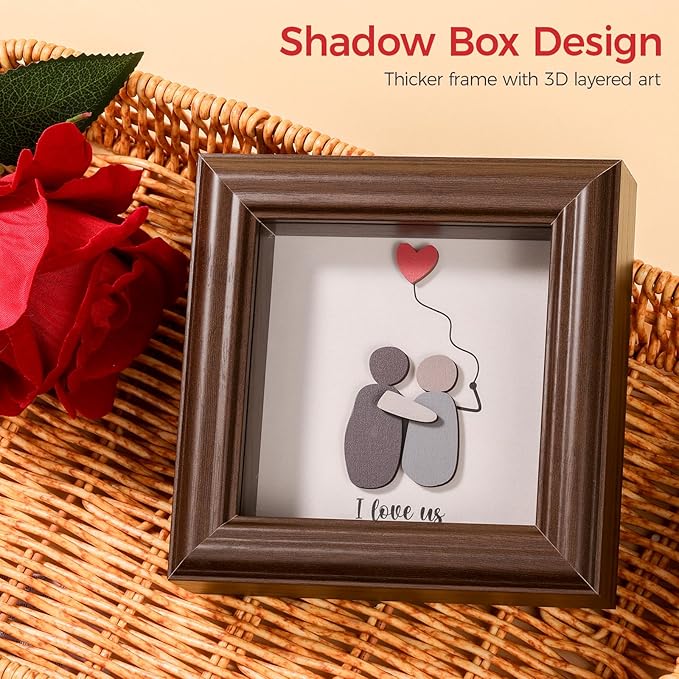 Valentine’s Day Gifts Shadow Box Frame – I Love Us Gifts for Her Him, Cute Couple Gift, 3D Wooden Love Picture Frame, Anniversary Christmas Birthday Gift for Boyfriend Girlfriend Wife Husband (Brown)