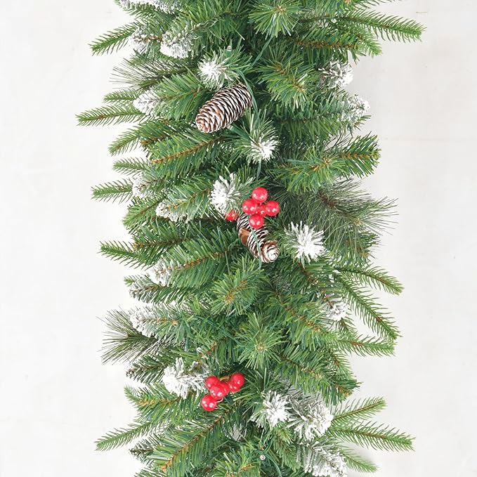 9Ft Artificial Christmas Garland with 50 Lights, Xmas Holiday Decoration Snow Flocked Artificial Garland with Pinecones Berries for Stairs Fireplaces Wall Door for Stairs