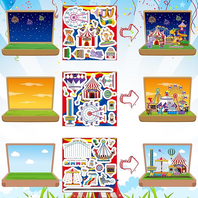 CY2SIDE Carnival Sticker Scene Kits- 12PCS Holiday Circus Theme Scene Art Craft for Kids Make Your Own Circus Sticker with Elephant Clowns DIY Carnival Party Games Class Fun Activities