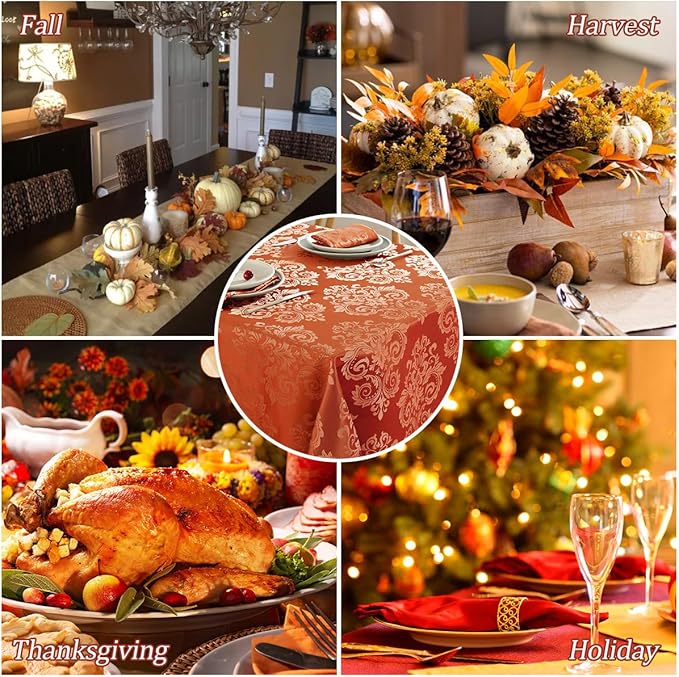 SASTYBALE Thanksgiving Tablecloth Rectangle 60 x 120 Inch Waterproof Oil Proof Washable Jacquard Damask Table Cloths, Polyester Table Cover for Fall, Autumn, Harvest, Holiday Party, Burnt Orange/Rust