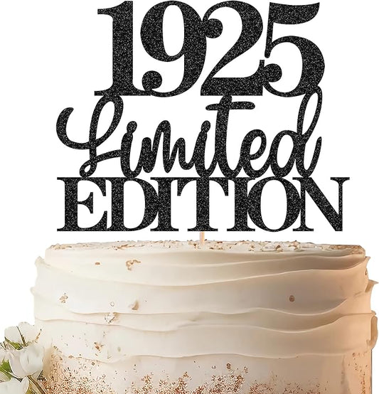 Limited EDITION 1925 Cake Topper - Black Glitter Happy 100th Birthday Party Cake Decoration Supplies, Cheer to 100 Years Cake Bunting Decor for 100th Birthday Party Photo Booth Props