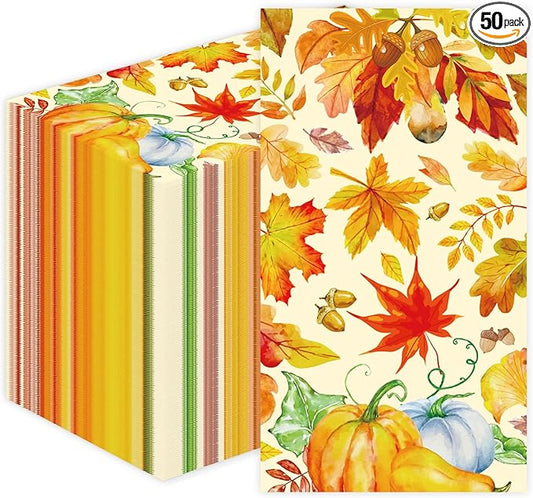 100 Pack Fall Paper Napkins, Autumn Maple Leaves Pumpkin Dinner Party Napkins Disposable Guest Paper Hand Towels Party Supplies for Fall Thanksgiving Harvest Home Dinner Table Bathroom